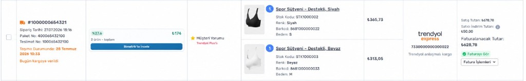 Bimetrik profitability summary in a Trendyol seller panel order row